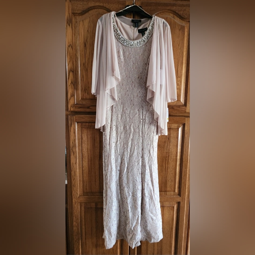 NEW R&M Richards Beige Lace Dress with Pearl Accents
